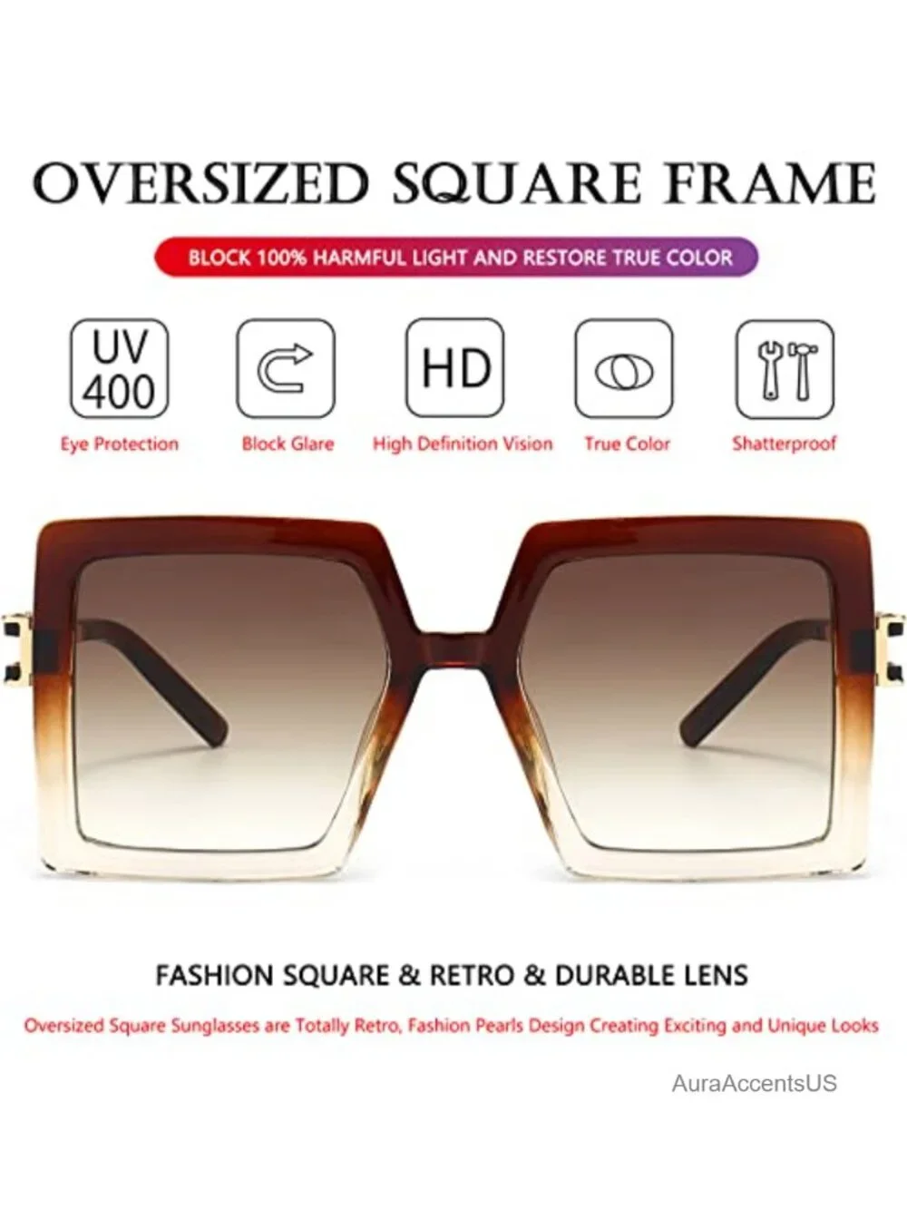 Oversized Square Sunglasses Big Large Frame UV400 Gradient Lens Full Frame